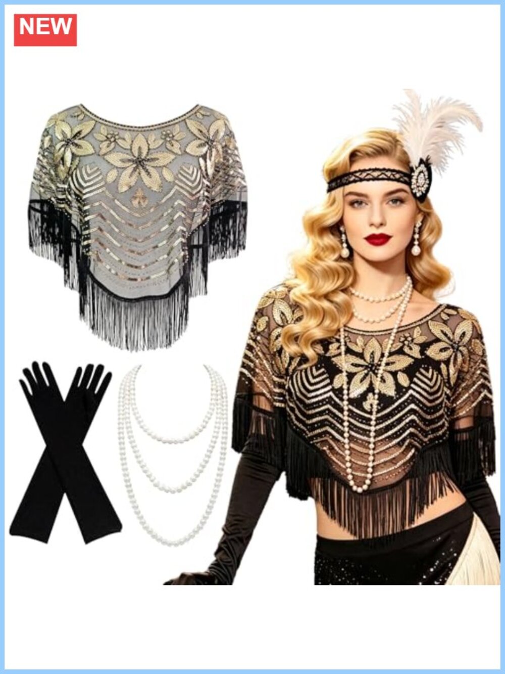 LaVenty 1920s Sequin Shawl Silk Gloves Pearl Necklace Gatsby Harlem Set